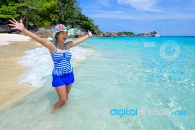 Beautiful Woman On Beach In Thailand Stock Photo