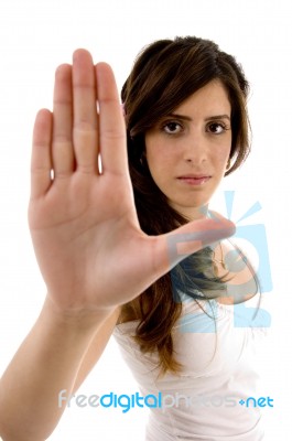 Beautiful Woman Showing Stopping Hand Gesture Stock Photo