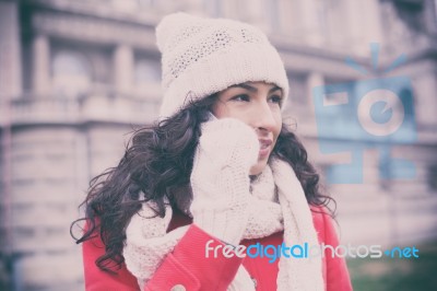 Beautiful Woman Telephoning In Winter Stock Photo