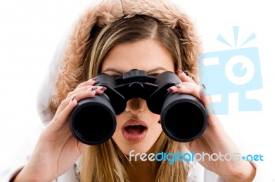 Beautiful Woman Watching With Binoculars Stock Photo