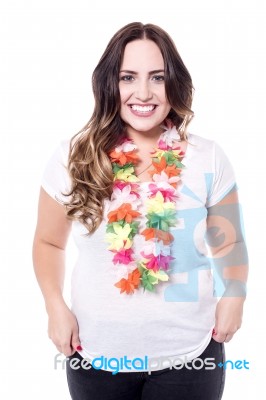 Beautiful Woman Wearing Flower Lei Stock Photo