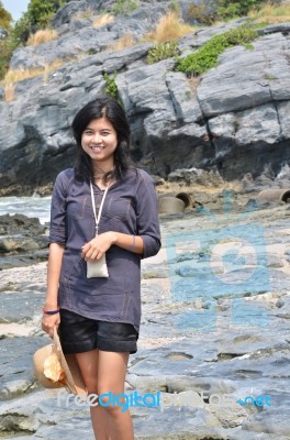 Beautiful Young Asian Woman On Beach Stock Photo