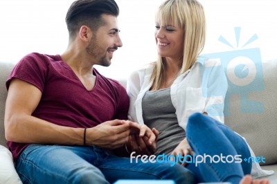 Beautiful Young Couple In Love At Home Stock Photo