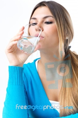 Beautiful Young Drinking Water. Isolated On White Stock Photo