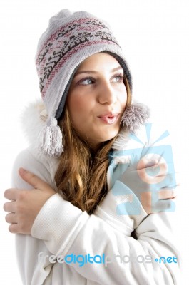 Beautiful Young Female Shivering In Cold Stock Photo