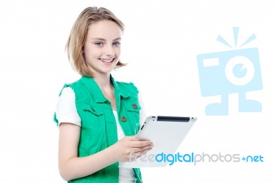 Beautiful Young Girl Holding Tablet Pc Stock Photo