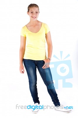 Beautiful Young Girl In Stylish Jeans Stock Photo