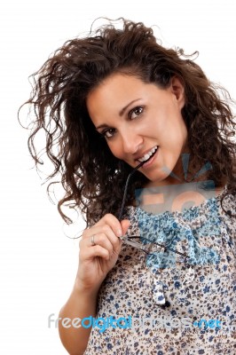 Beautiful Young Lady Smiling On White Background Stock Photo