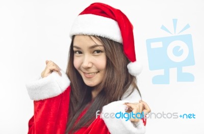 Beautiful Young Santa Clause Woman, Isolated Stock Photo