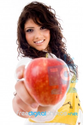 Beautiful Young Woman Holding Red Apple Stock Photo