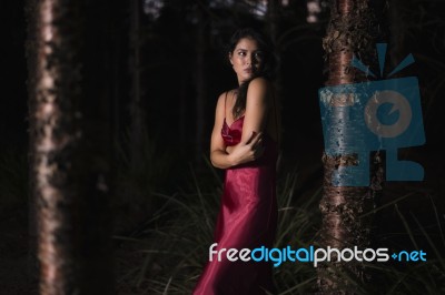 Beautiful Young Woman In The Gardens Wearing A Long Silk Red Dress Stock Photo