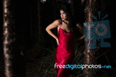 Beautiful Young Woman In The Gardens Wearing A Long Silk Red Dress Stock Photo