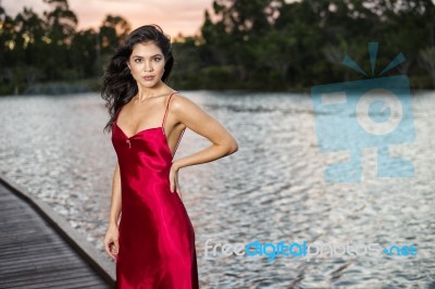 Beautiful Young Woman In The Gardens Wearing A Long Silk Red Dress Stock Photo