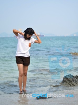 Beautiful Young Woman On Beach Summer Holiday Stock Photo