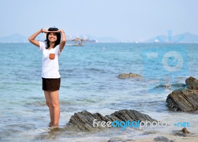 Beautiful Young Woman On Beach Summer Holiday Stock Photo