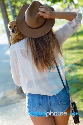 Beautiful Young Woman Walking With Her Dog In The Park Stock Photo