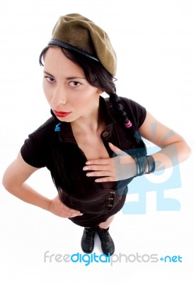 Beautiful Young Woman With Army Cap Stock Photo