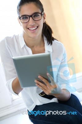 Beautiful Young Woman With Digital Tablet Stock Photo