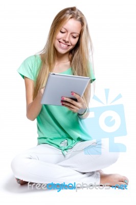 Beautiful Young Woman With Digital Tablet Stock Photo