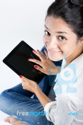 Beautiful Young Woman With Digital Tablet Stock Photo