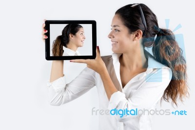 Beautiful Young Woman With Digital Tablet Stock Photo