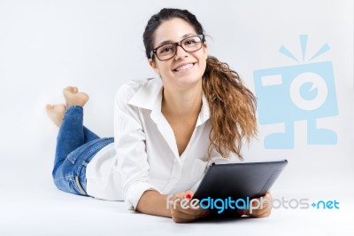 Beautiful Young Woman With Digital Tablet Stock Photo