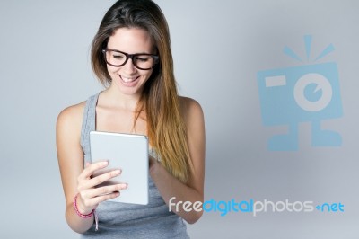 Beautiful Young Woman With Digital Tablet Stock Photo