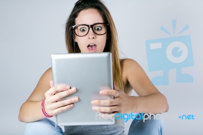 Beautiful Young Woman With Digital Tablet Stock Photo