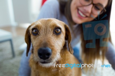 Beautiful Young Woman With Dog Playing At Home Stock Photo