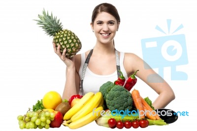 Beautiful Young Woman With Fruits And Vegetables Stock Photo