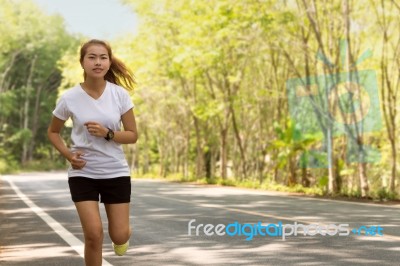 Beauty Women Running On Road Rural In Morning Activity Healthy Stock Photo