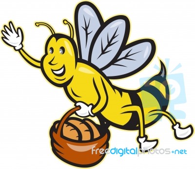 Bee Carrying Basket Bread Loaf Cartoon Stock Image