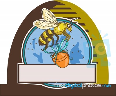 Bee Carrying Honey Pot Skep Circle Drawing Stock Image