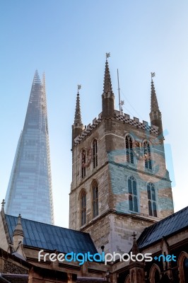 Belfry Of Southwark Cathedral With The Shard In The Background Stock Photo