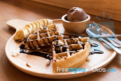 Belgian Waffles With Fruit And Chocolate, Forest Fruit, All Home… Stock Photo