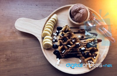 Belgian Waffles With Fruit And Chocolate, Forest Fruit, All Home… Stock Photo