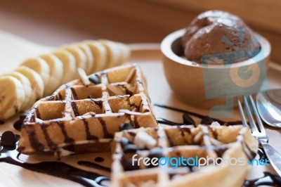 Belgian Waffles With Fruit And Chocolate, Forest Fruit, All Home… Stock Photo