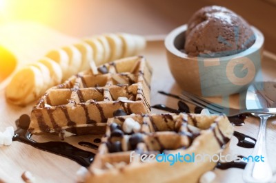 Belgian Waffles With Fruit And Chocolate, Forest Fruit, All Home… Stock Photo