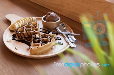 Belgian Waffles With Fruit And Chocolate, Forest Fruit, All Home… Stock Photo