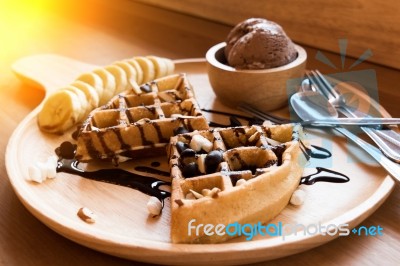 Belgian Waffles With Fruit And Chocolate, Forest Fruit, All Home… Stock Photo