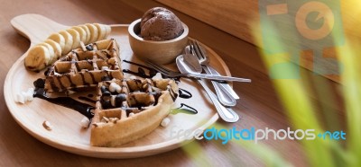 Belgian Waffles With Fruit And Chocolate, Forest Fruit, All Home… Stock Photo