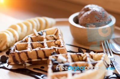 Belgian Waffles With Fruit And Chocolate, Forest Fruit, All Home… Stock Photo