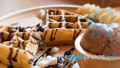 Belgian Waffles With Fruit And Chocolate, Forest Fruit, All Home… Stock Photo