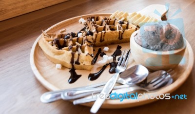 Belgian Waffles With Fruit And Chocolate, Forest Fruit, All Home… Stock Photo