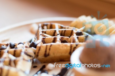 Belgian Waffles With Fruit And Chocolate, Forest Fruit, All Home… Stock Photo