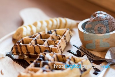 Belgian Waffles With Fruit And Chocolate, Forest Fruit, All Home… Stock Photo