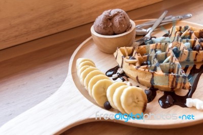 Belgian Waffles With Fruit And Chocolate, Forest Fruit, All Home… Stock Photo