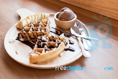 Belgian Waffles With Fruit And Chocolate, Forest Fruit, All Home… Stock Photo