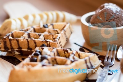 Belgian Waffles With Fruit And Chocolate, Forest Fruit, All Home… Stock Photo