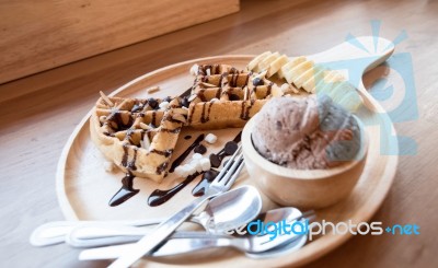 Belgian Waffles With Fruit And Chocolate, Forest Fruit, All Home… Stock Photo